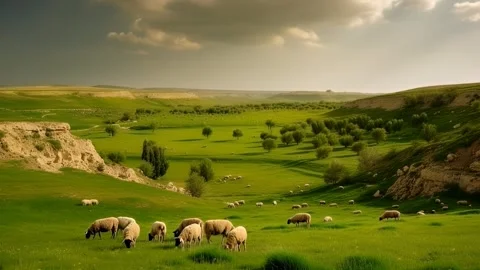 Sheep Grazing in a Green Meadow Stock Footage 307180973