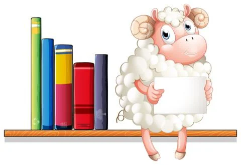 A sheep holding an empty signage sitting above the wooden shelf with books Stock Illustration