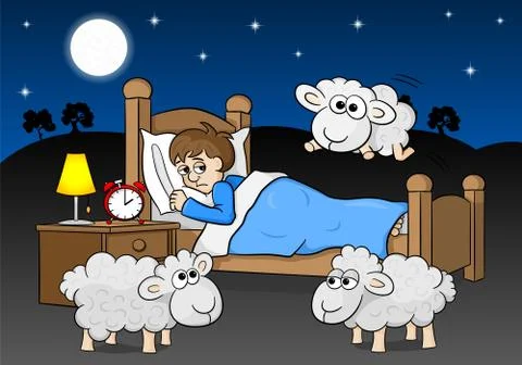 Sheep jumping over the bed of a sleepless man Illustrazione stock