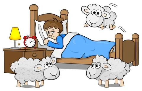 Sheep jumping over the bed of a sleepless man Stock Illustration