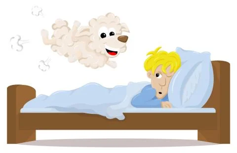 Sheep jumping over the bed of a sleepless man Stock-Illustration