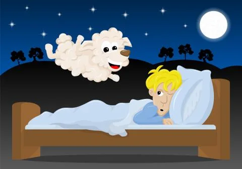 Sheep jumping over the bed of a sleepless man Stock Illustration