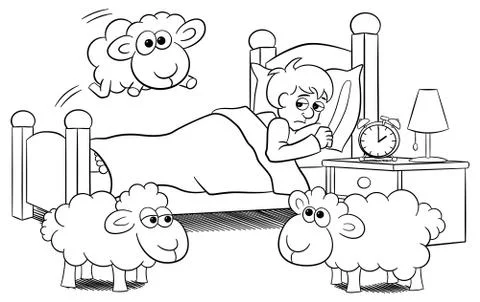 Sheep jumping over the bed of a sleepless man Stock Illustration