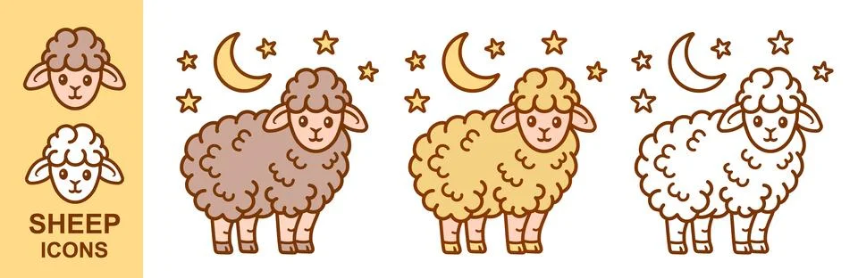 Sheep, lamb or ram wool farm animal and moon. Night sleep. Ewe head. Aries sign Stock Illustration