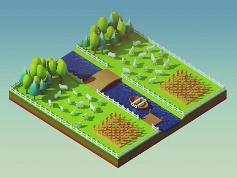 Sheep in the landscape, isometric view Stock Illustration