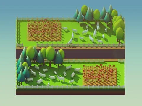 Sheep in the landscape, isometric view Stock Illustration