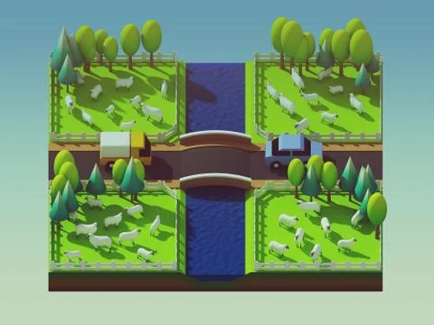 Sheep in the landscape, isometric view Stock Illustration