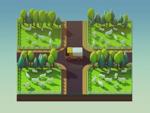 Sheep in the landscape, isometric view Stock Illustration