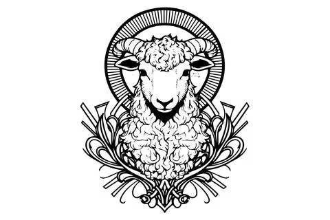 Sheep logotype hand drawn ink sketch. Engraved style vector illustration. Stock Illustration
