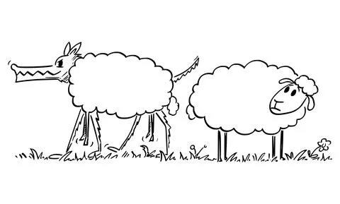 Sheep Looking at Wolf in Sheep's Clothing, Vector Cartoon Illustration Stock Illustration