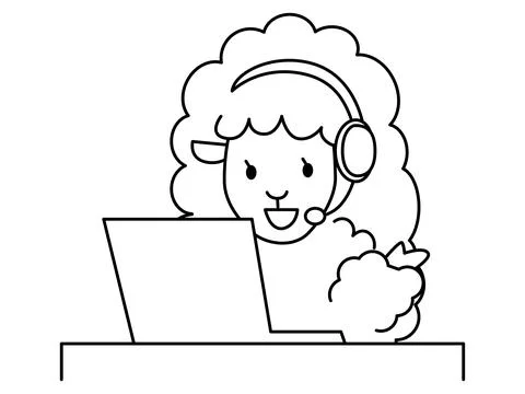 A sheep pointing while looking at a laptop. Monochrome line drawing. Stock Illustration