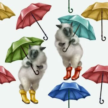 Sheep in rubber boots and with an umbrella. Seamless pattern on white background Stock Illustration