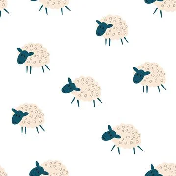 Sheep seamless pattern. Colorful background with animals. Fluffy wool lamb ba Stock Illustration