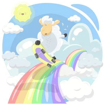 A sheep on a skateboard jumps on the clouds Stock Illustration