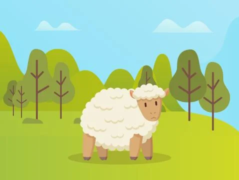 Sheep Stands on Green Grass Vector Cartoon Animal Illustration