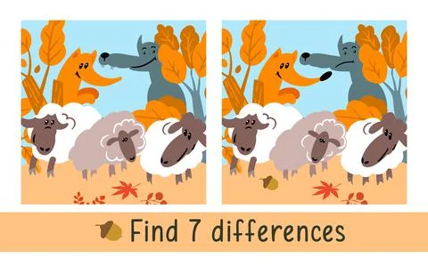 Sheep, wolf and fox. Find 7 differences. Game for children. Activity, vector. Illustrazione stock
