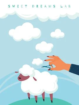 Sheep wool clouds. Sweet Dreams. Person holds scissor in hands and cuts domestic Stock Illustration