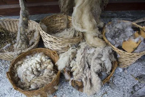 Sheep's hair in baskets Stock Photos