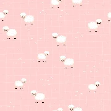 Sheeps on pink checked background, seamless pattern with farm cute animals in Stock Illustration