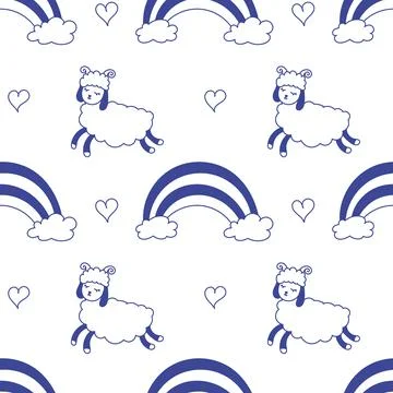Sheeps, rainbow, hand drawn seamless pattern. isolated vector illustration wi 스톡 일러스트