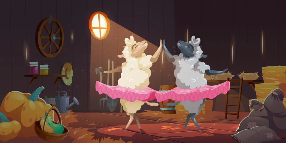 Sheeps in tutu dancing ballet in barn on farm Illustrazione stock