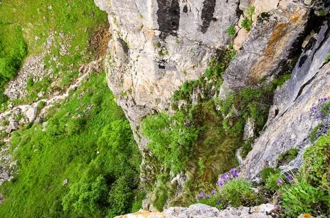 Sheer cliffs with greenery going down. Stock Photos