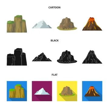 Sheer cliffs, a volcanic eruption, a mountain with a beach, a glacier. Different Stock-Illustration
