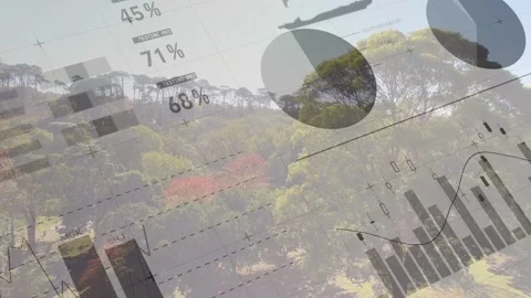 Sheet and gauge appearing, data overlay animating over hillside, bars changing, Stock Footage 333689391