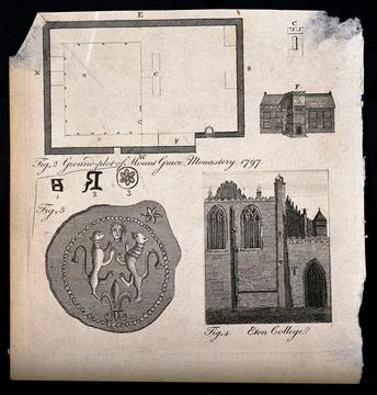 A sheet of details of Mount Grace Monastery and Eton College, with a seal a.. Stock Illustration