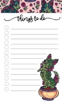 Sheet to do list, green tree bushes with red roses in the form of cute corg.. Stock Illustration
