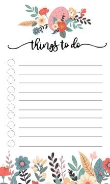 Sheet to do list, spring flowers and colored eggs. Vector flat illustration.. Stock Illustration