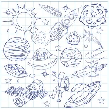 Sheet of exercise book with outer space doodles, symbols and design element Stock Illustration