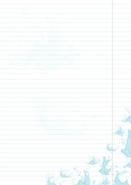 Sheet of lined paper with splashes of blue water. Stock Illustration