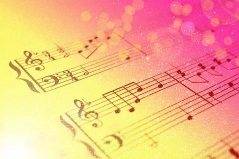 Sheet with music notes as background, closeup. Bokeh and color tone effects Stock Photos