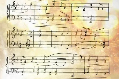Sheet with music notes as background, top view. Bokeh and color tone effects Stock Photos