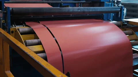 Sheet of non-ferrous Metal is Cut on Machine into Strips. Metal. Roller Rotation Stock Footage 211602811