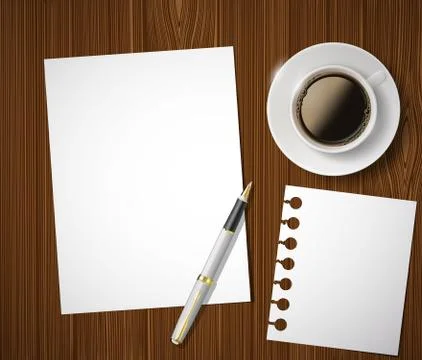Sheet of paper and a cup of coffee on a wooden table Stock Illustration