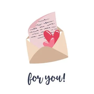 Sheet of paper and hearts inside an envelope. Handwritten inscription For you Stock Illustration