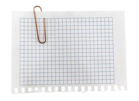 A sheet of paper in a cage for notes with a paper clip on a white backgroun.. Stock Photos