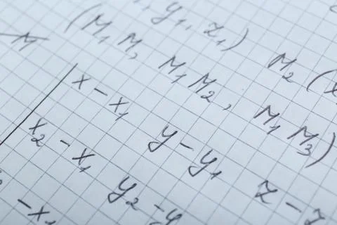Sheet of paper with different mathematical formulas, closeup Fotos de archivo