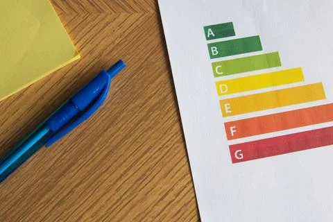 Sheet of paper with energy certification scale on the table Stock Photos