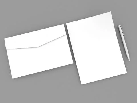 Sheet of paper, envelope and pen on a gray background. Stock Illustration