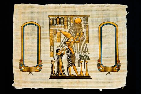 Sheet of papyrus with ancient drawings Stock Photos