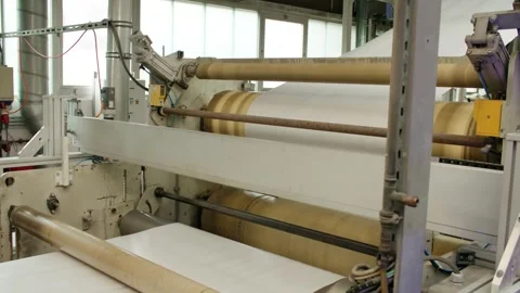 Sheet Running over Large Calender Rollers, Industrial Plant Interior, Side View Vídeo Stock 341300044