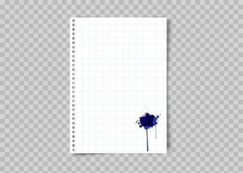 Sheet of squared paper with blue ink stain. Realistic blank lined paper sheet A4 Illustrazione stock