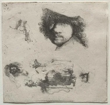 Sheet of Studies: Self-Portrait, a Beggar Couple, etc., c. 1632. Rembrandt .. Illustrazione stock