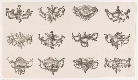 Sheet with twelve ornaments with allegorical objects and figures. Copyrigh... Stock Photos
