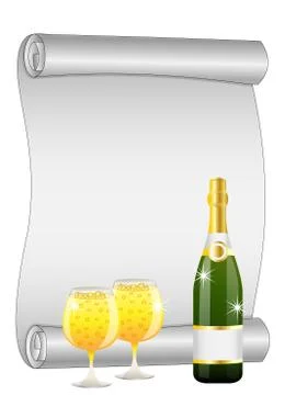 Sheet of the twisted up paper, bottle and glasses of champagne Stock Illustration