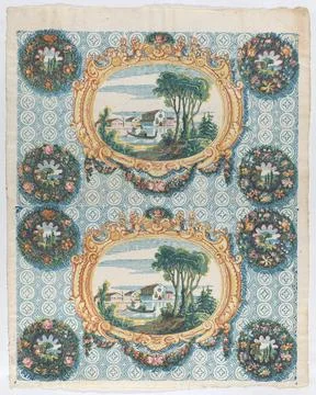 Sheet with two borders with landscapes within frames and wreaths late 18thm.. Stock Photos