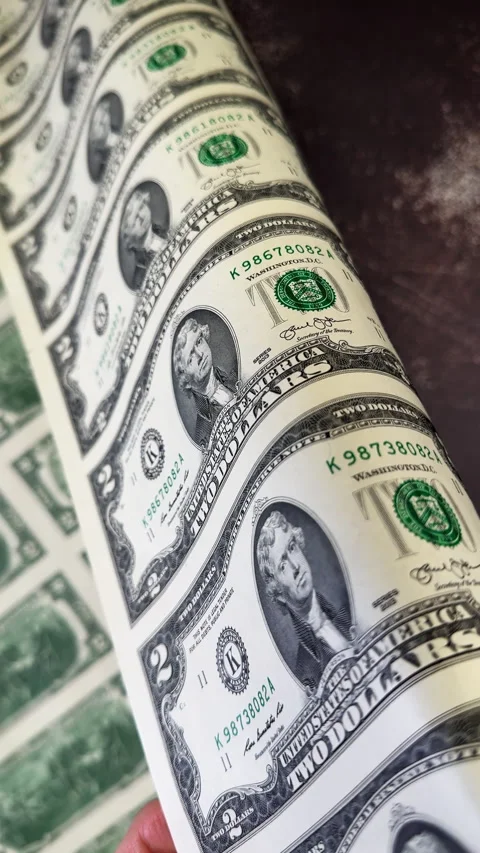 Sheet with two dollar banknotes folded in tube. Close up. American money. Stock Footage 325079585